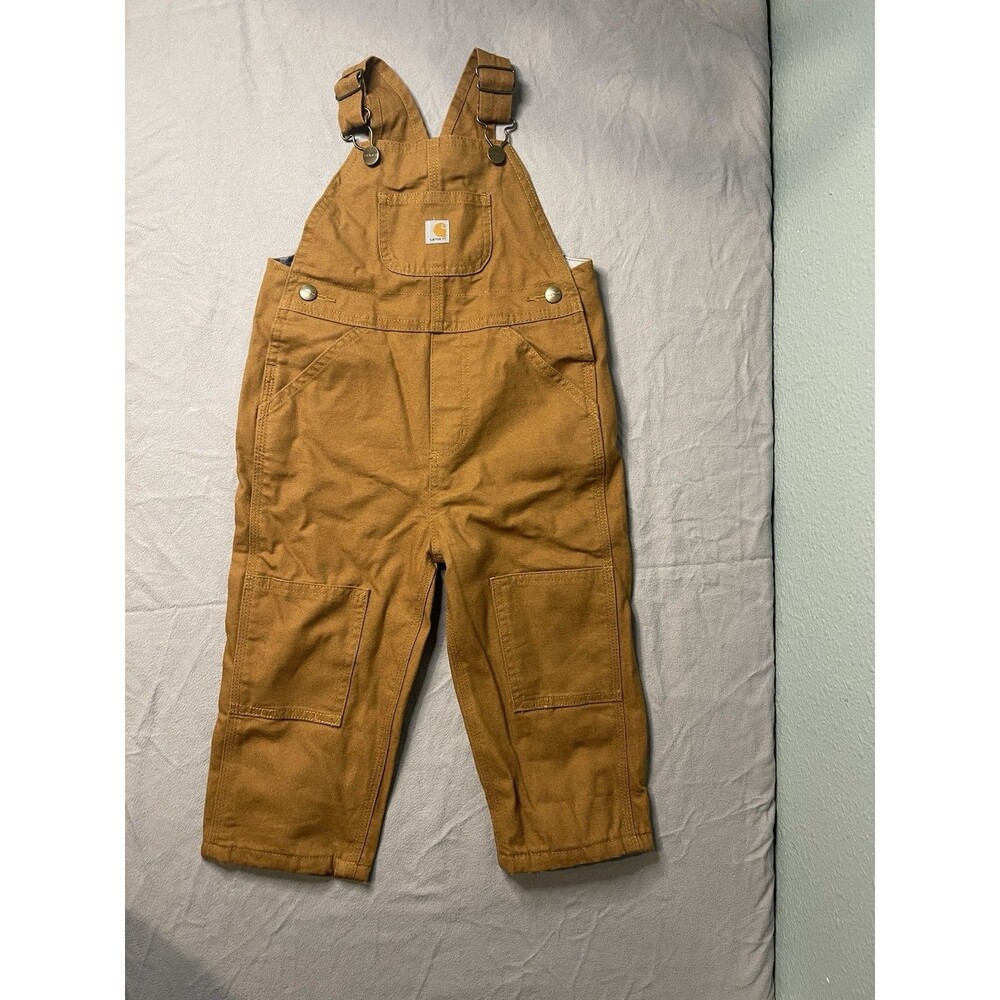 Carhartt Bib Overalls Toddler Size 2T Flannel Lined Brown Double Knee Cotton